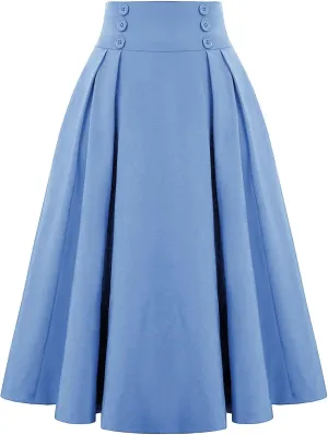 Maxi Solid Skirt for Women High Waisted A-Line Pleated Skirts Elastic Knee Length Casual Flowy Swing Flared Skirt