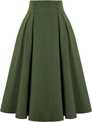 Maxi Solid Skirt for Women High Waisted A-Line Pleated Skirts Elastic Knee Length Casual Flowy Swing Flared Skirt