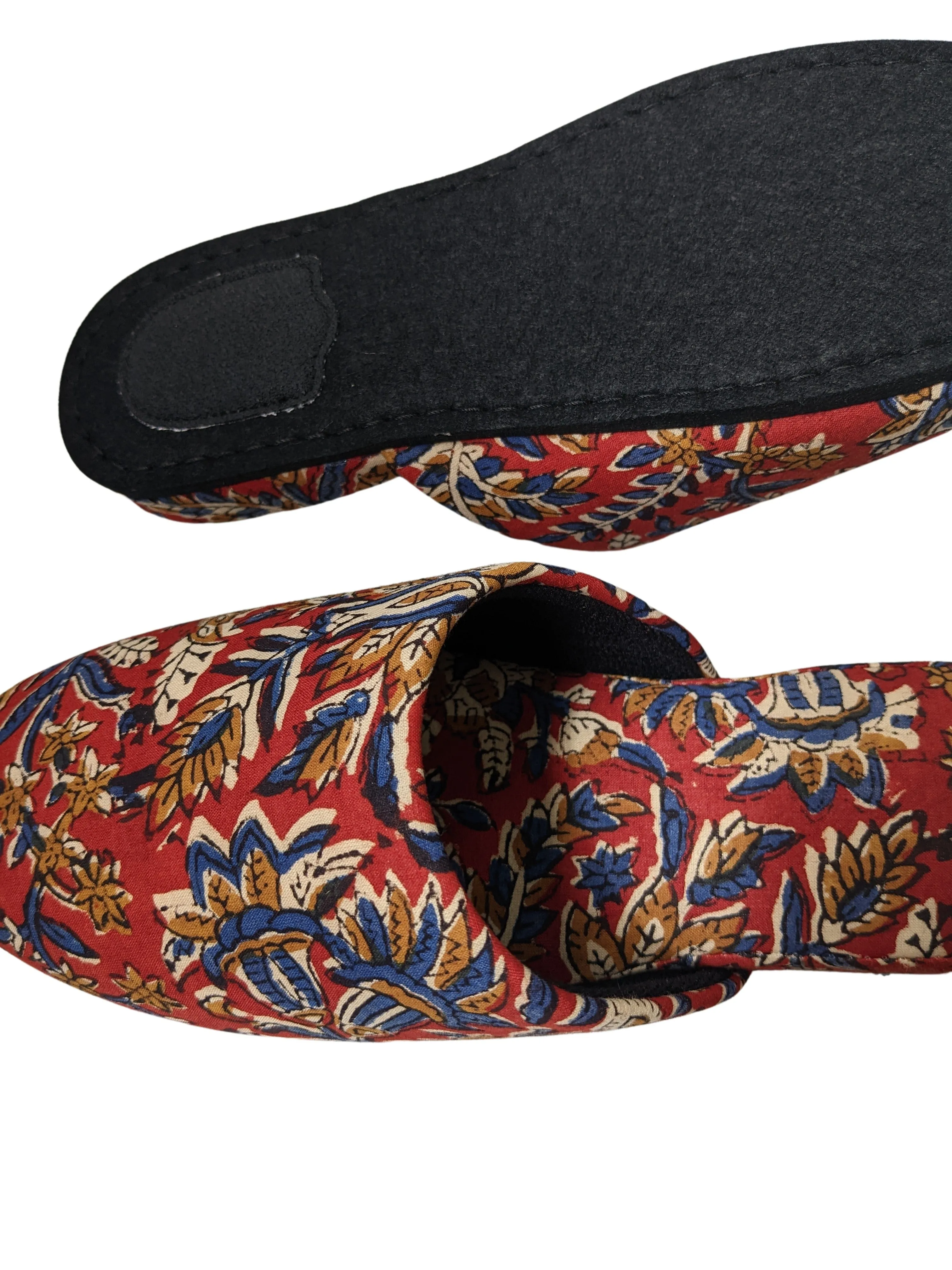 Medium Block Printing Flowers Mix Slippers [Black wool felt soles] MF2207 [Size Medium]