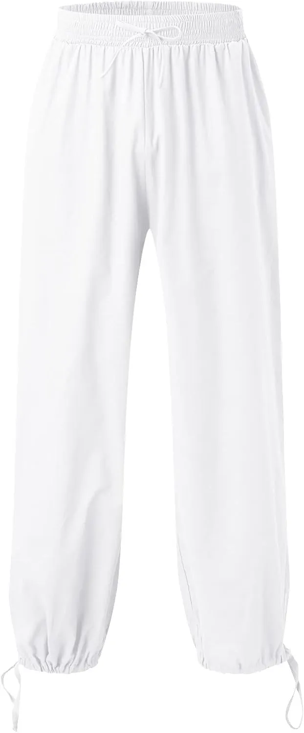Men Harem Pants Drawstring Solid Cotton Loose Fit Retro Outdoor Big & Tall Yoga Fashion Comfortable Classic Joggers White