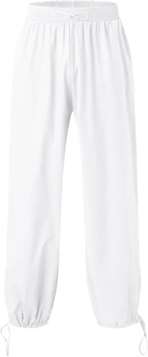 Men Harem Pants Drawstring Solid Cotton Loose Fit Retro Outdoor Big & Tall Yoga Fashion Comfortable Classic Joggers White