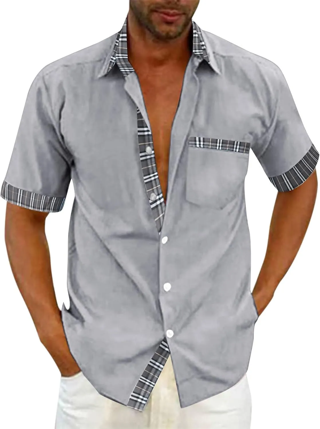 Men Linen Cuban Guayabera Shirt Short Sleeve Button Down Striped Shirts Casual 2025 Summer Beach Tops with Pockets
