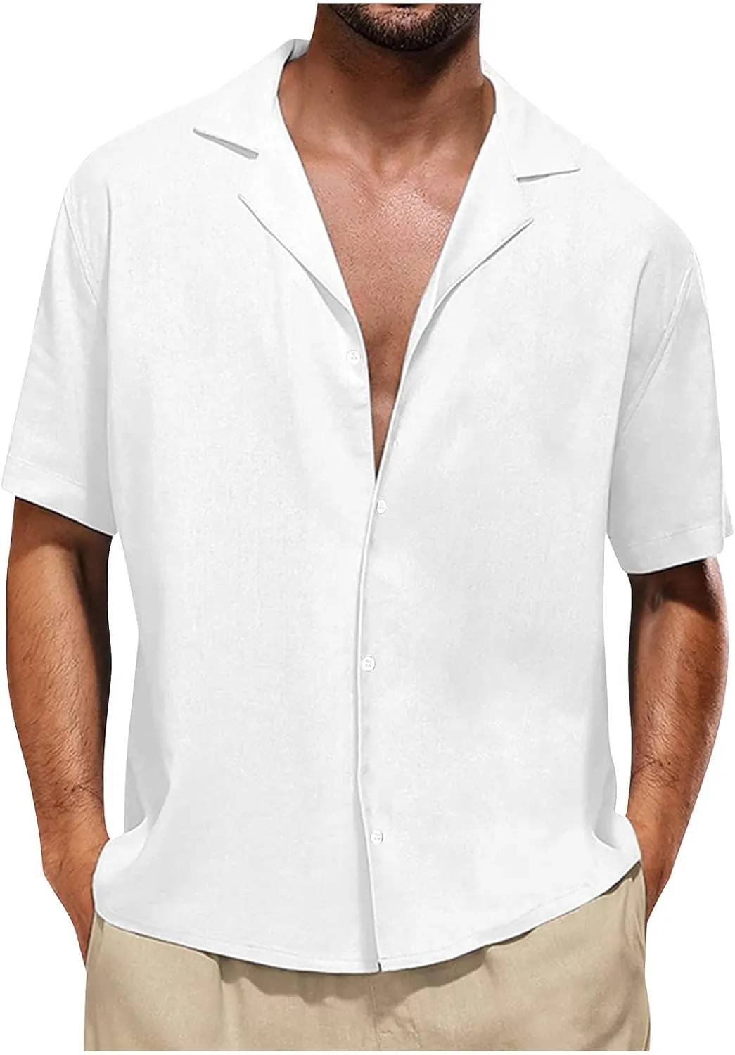 Men Linen Shirt Slim Cotton Solid Color Short Sleeve Button Down Lapel T-Shirts Casual Outdoor Vacation Soft Blouses