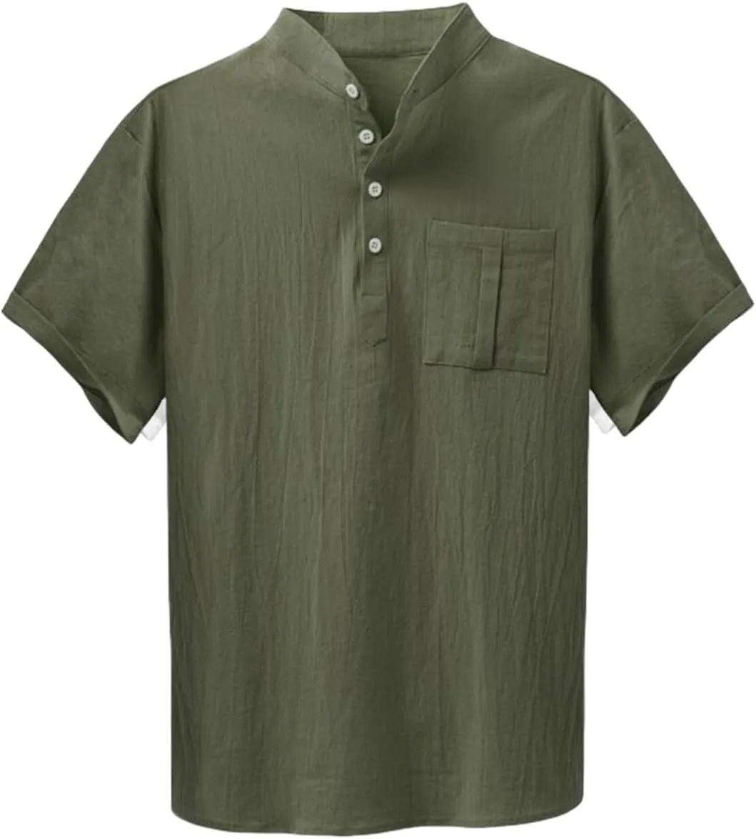 Men Short Sleeve Casual Button Down Striped Henley Lightweight Linen Cotton Dress Shirts with One Pocket Tops
