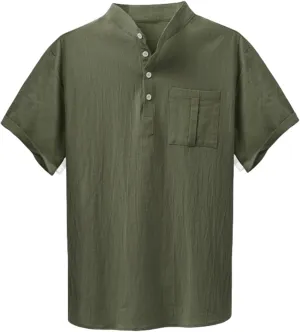 Men Short Sleeve Casual Button Down Striped Henley Lightweight Linen Cotton Dress Shirts with One Pocket Tops