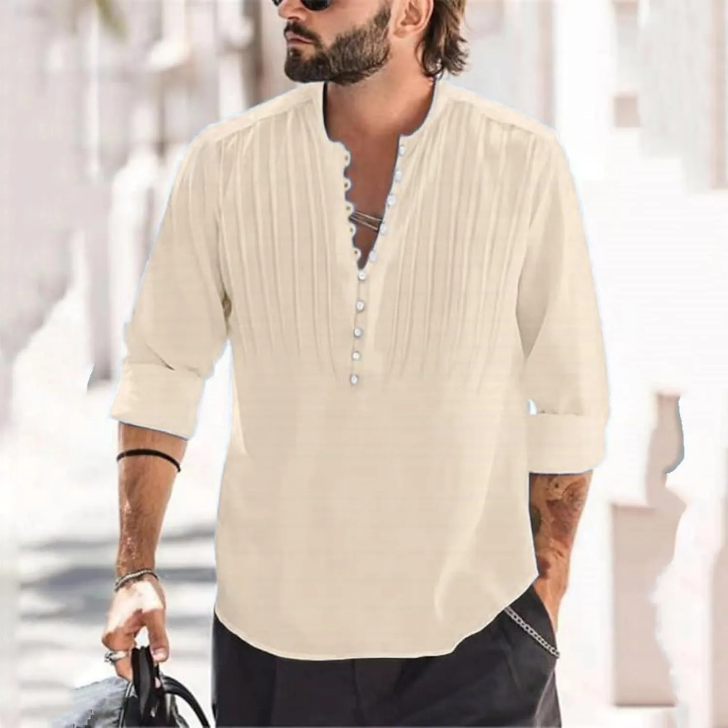 Mens 2024 Cotton and Linen Shirt Summer Outdoor Active Holiday Beach Tops Quarter Cuff Button Long Sleeve Casual Loose Shirts