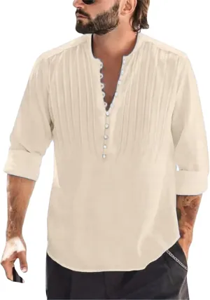 Mens 2024 Cotton and Linen Shirt Summer Outdoor Active Holiday Beach Tops Quarter Cuff Button Long Sleeve Casual Loose Shirts