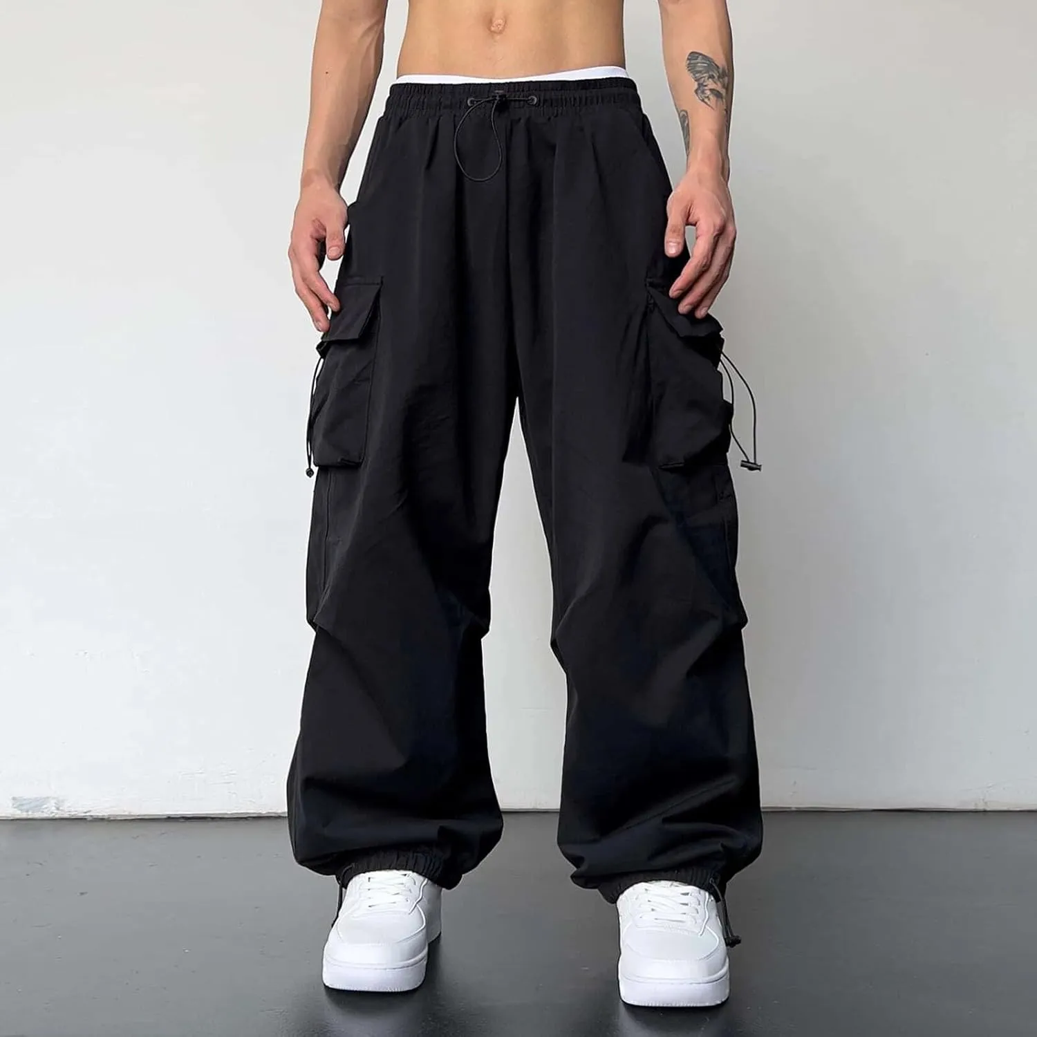 Men's Baggy Cargo Pants Drawstring Casual Y2K Parachute Pants Loose Fit Harem Joggers with Pockets