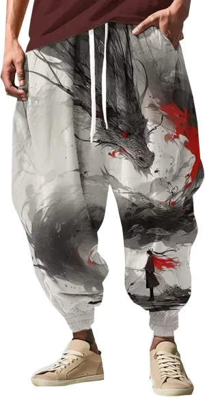 Mens Big and Tall Aladdin Harem Pants Contrast Boho Yoga Baggy Trouser All Over Print Hip Hop Hippie Drop Crotch Pant