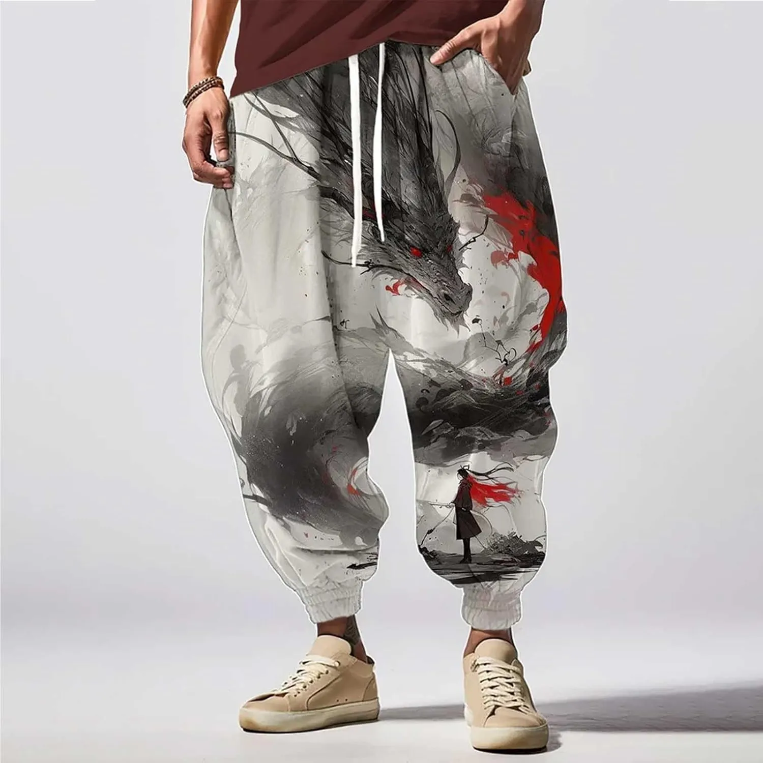 Mens Big and Tall Aladdin Harem Pants Contrast Boho Yoga Baggy Trouser All Over Print Hip Hop Hippie Drop Crotch Pant