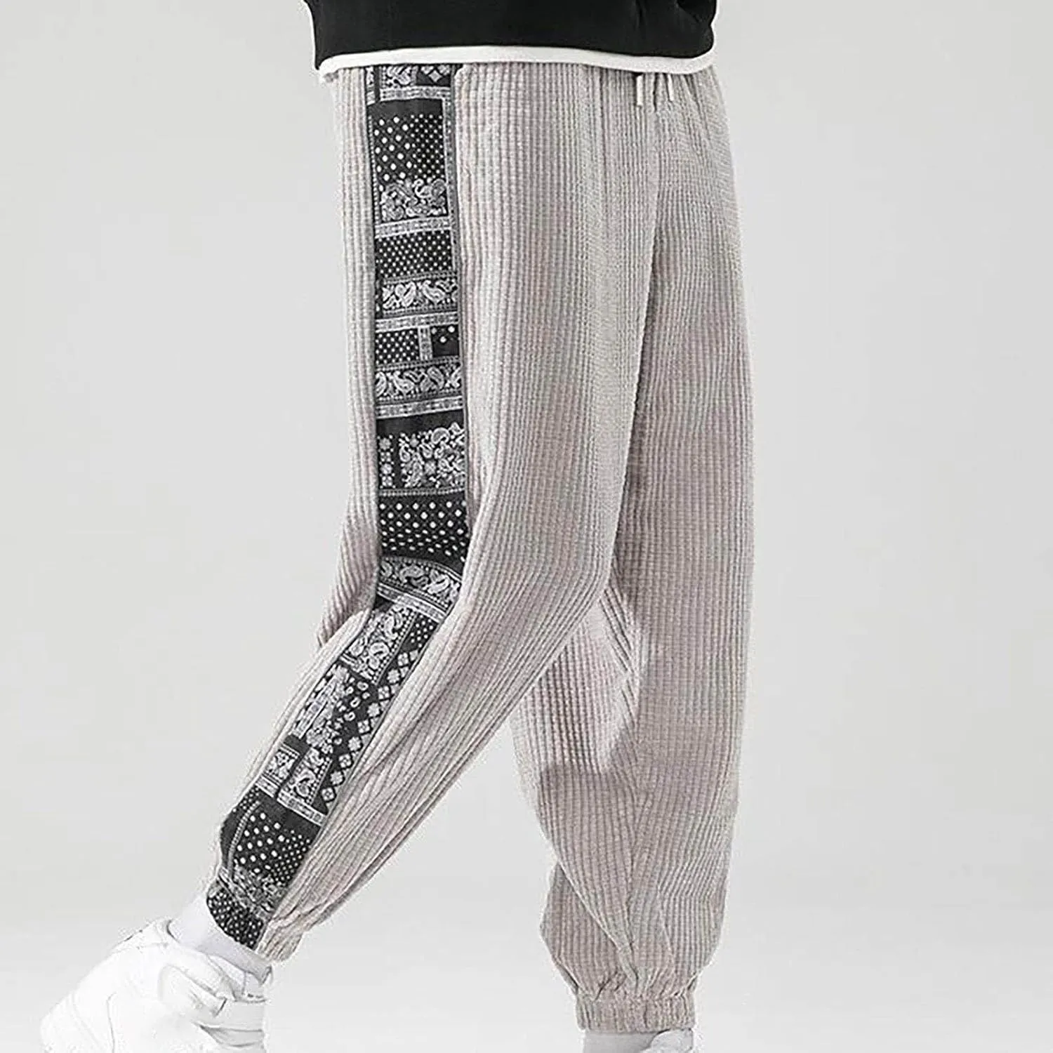 Mens Boho Corduroy Jogger Pants Elastic Waist Straight Leg Casual Harem Pants Tribal Ethnic Print Baggy Sweatpants