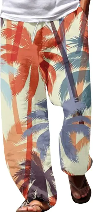 Mens Boho Harem Gaucho Pants Drastring Baggy Coconut Tree Print Summer Pants Lightweight Casual Yoga Beach Trousers