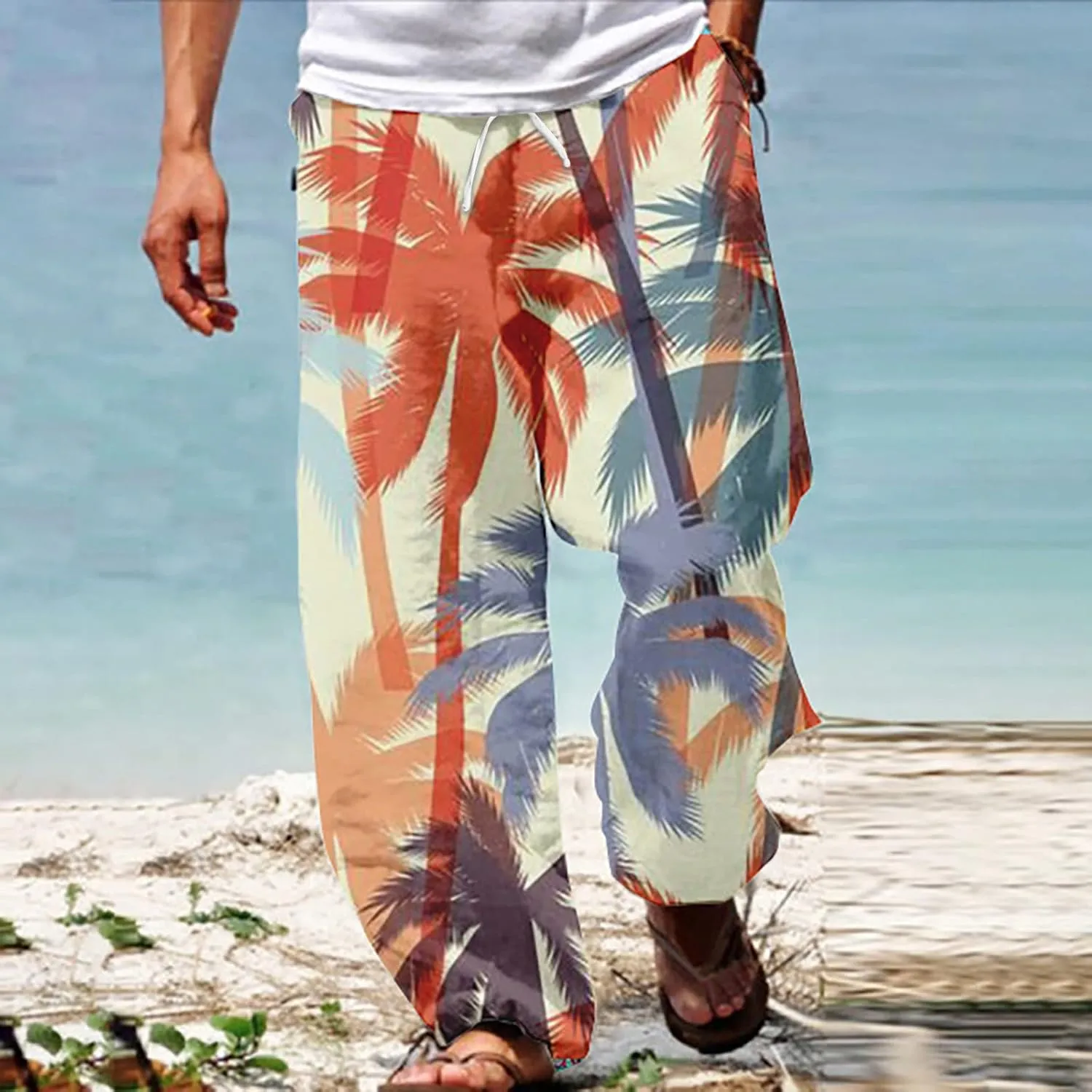Mens Boho Harem Gaucho Pants Drastring Baggy Coconut Tree Print Summer Pants Lightweight Casual Yoga Beach Trousers