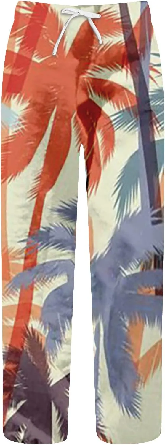 Mens Boho Harem Gaucho Pants Drastring Baggy Coconut Tree Print Summer Pants Lightweight Casual Yoga Beach Trousers