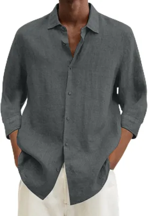 Mens Button Down Linen Shirts Long Sleeve Casual Collared Untucked Shirt Thin Drying Fit Hawaiian Tropical Beach Tops