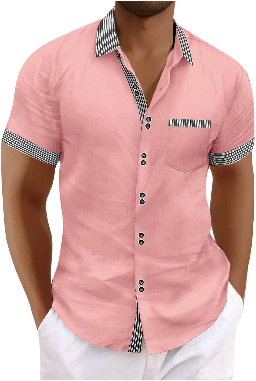 Men's Button Down Shirts Summer Striped Patchwork Lapel Short Sleeve Blouse Plus Size Casual Fashion Business Tops
