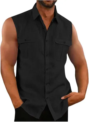 Mens Button Down Sleeveless Shirts Summer Beach Tank Tops Cotton Linen Basic Shirt Fashion Vest with Double Pocket