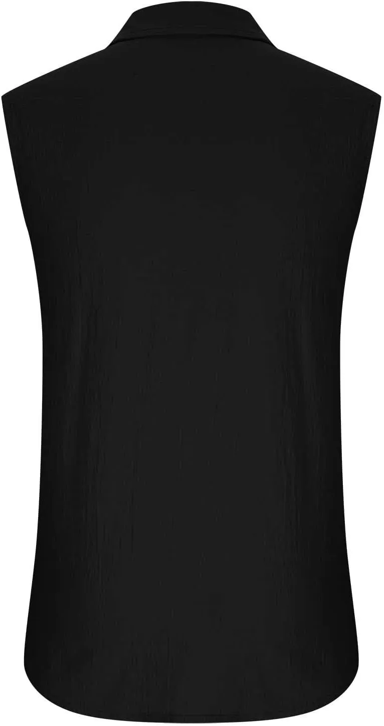 Mens Button Down Sleeveless Shirts Summer Beach Tank Tops Cotton Linen Basic Shirt Fashion Vest with Double Pocket