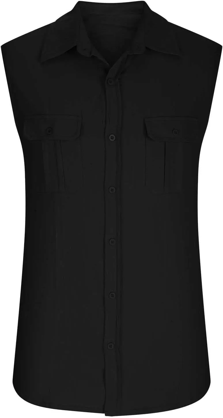 Mens Button Down Sleeveless Shirts Summer Beach Tank Tops Cotton Linen Basic Shirt Fashion Vest with Double Pocket