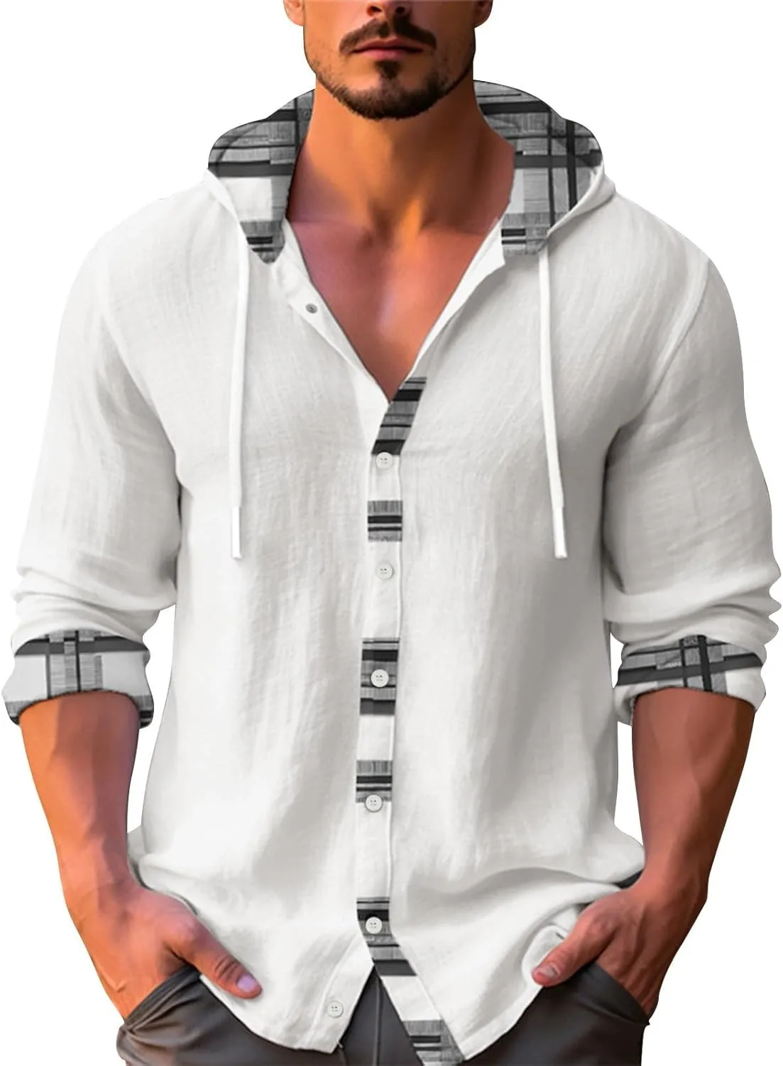 Mens Casual Cotton Linen Hoodie Baggy Autumn Long Sleeved Solid Color Cotton Linen Beach Lace Up Hippie Tops with