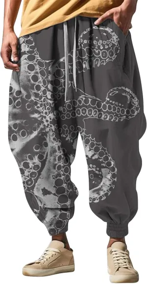 Mens Casual Hip Hop Cinch Bottom Harem Pants Funny Pattern Hippie Aladdin Dance Pants Oversized Yoga Peasant Trousers