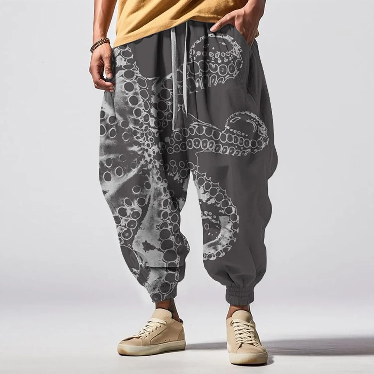 Mens Casual Hip Hop Cinch Bottom Harem Pants Funny Pattern Hippie Aladdin Dance Pants Oversized Yoga Peasant Trousers