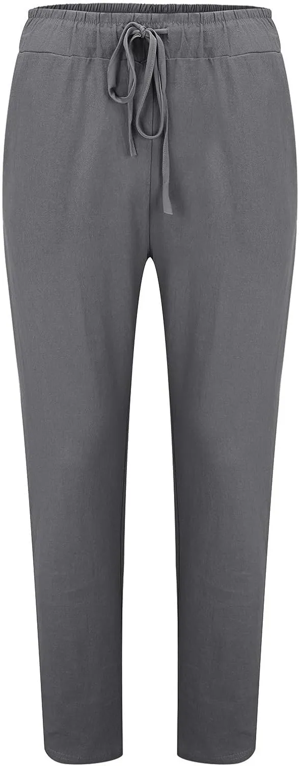 Mens Casual Linen Peasant Pants Loose Fit Straight Leg Harem Pants Elastic Waist Beach Boho Hawaiian Yoga Trousers