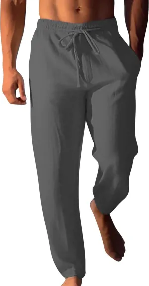 Mens Casual Linen Peasant Pants Loose Fit Straight Leg Harem Pants Elastic Waist Beach Boho Hawaiian Yoga Trousers