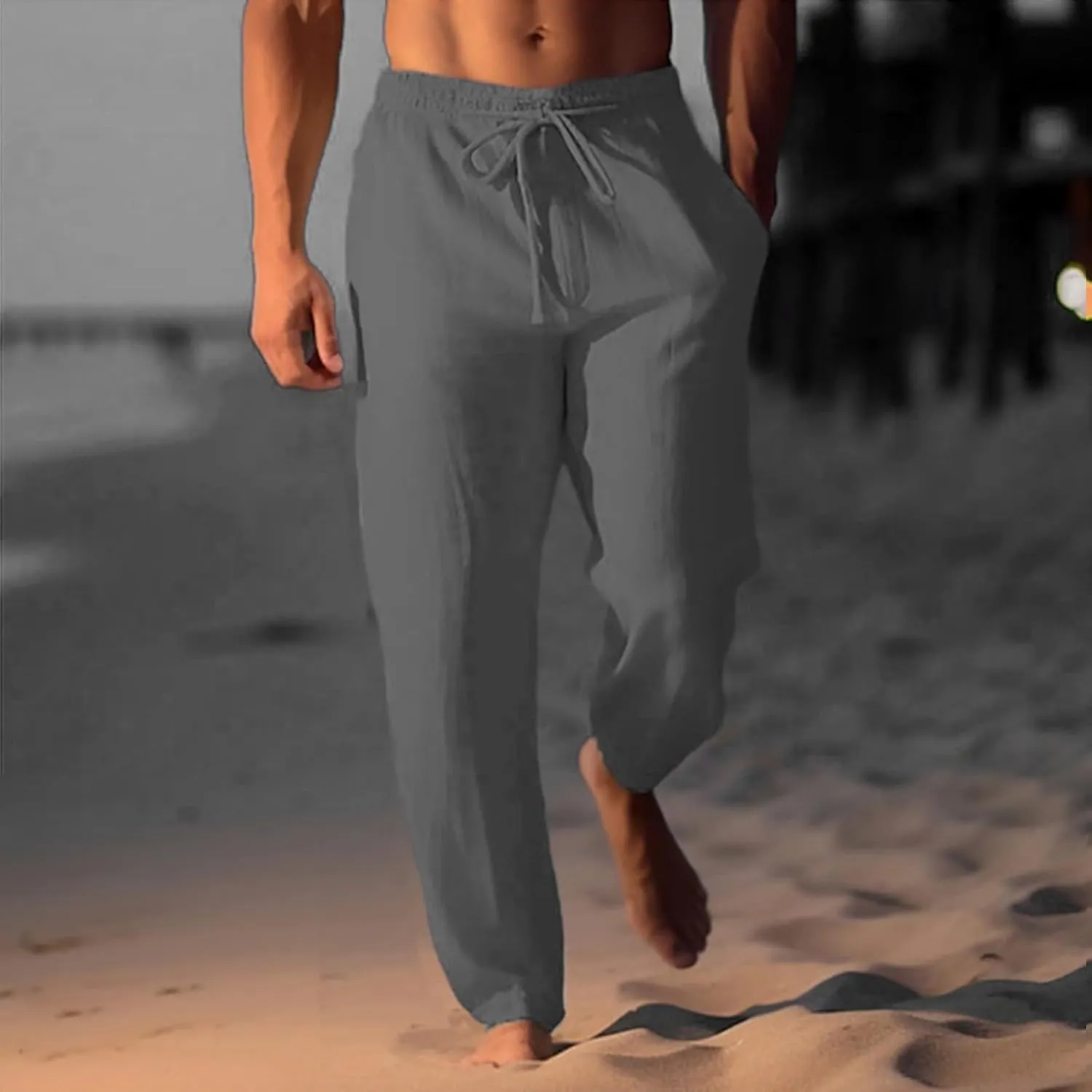 Mens Casual Linen Peasant Pants Loose Fit Straight Leg Harem Pants Elastic Waist Beach Boho Hawaiian Yoga Trousers