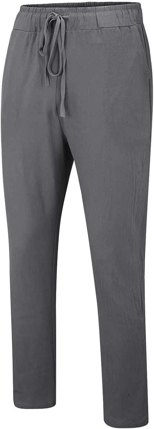 Mens Casual Linen Peasant Pants Loose Fit Straight Leg Harem Pants Elastic Waist Beach Boho Hawaiian Yoga Trousers