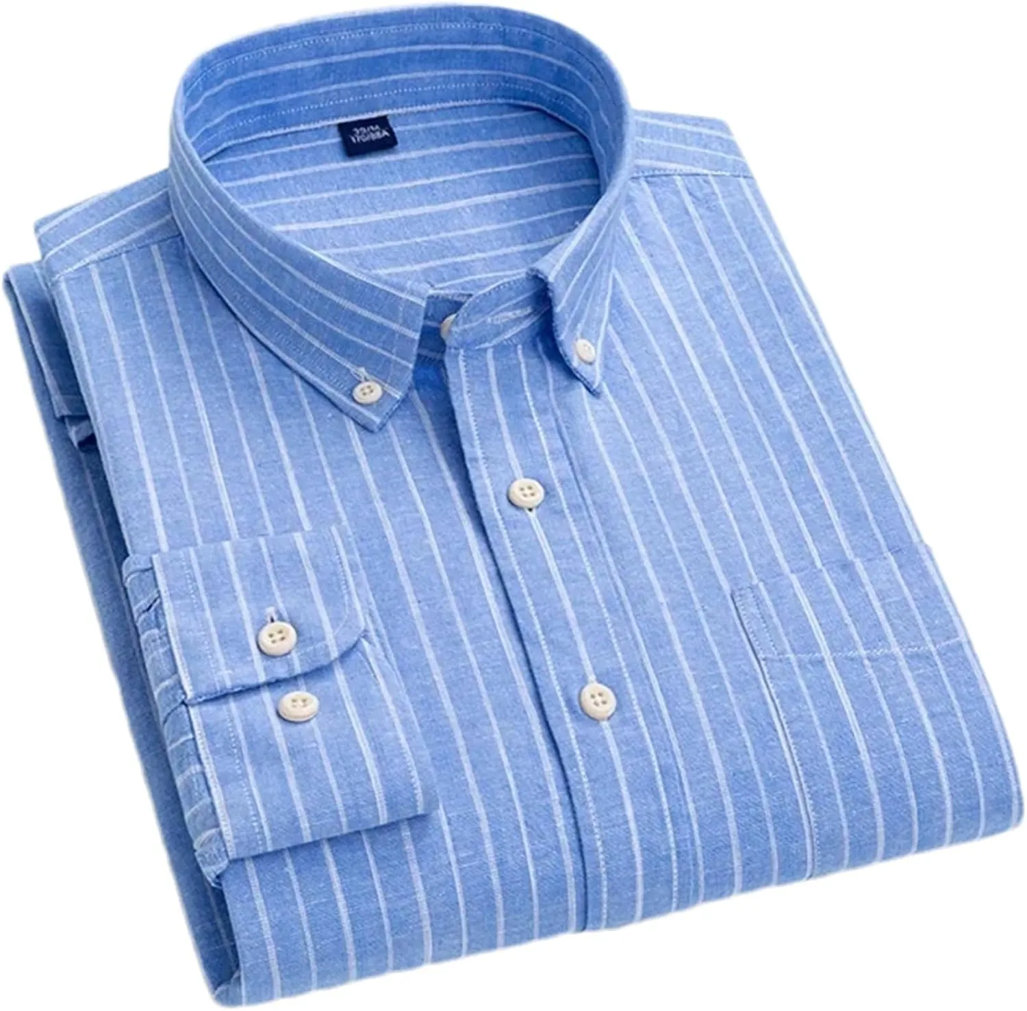 Men's Casual Plaid Striped Linen Cotton Shirts Single Patch Pocket Comfortable Breath Long Sleeve Button-Down Shirt