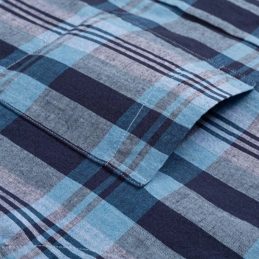 Men's Casual Plaid Striped Linen Cotton Shirts Single Patch Pocket Comfortable Breath Long Sleeve Button-Down Shirt
