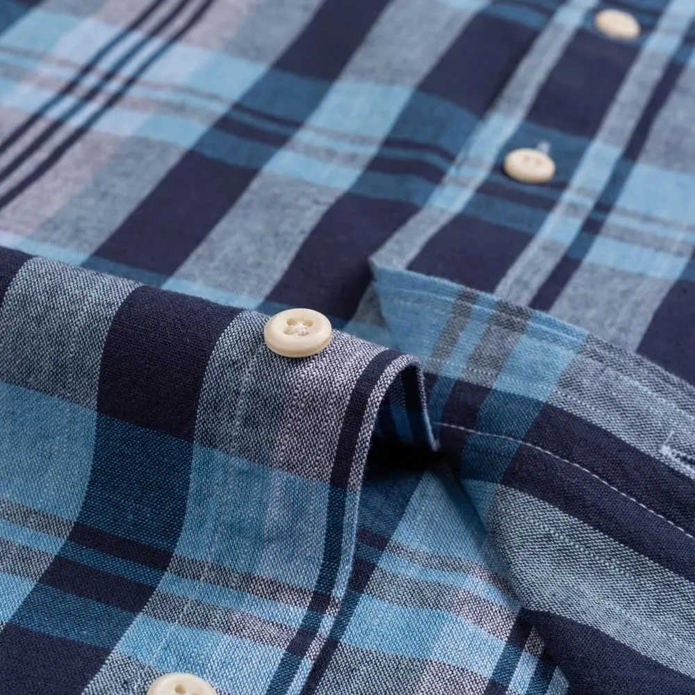 Men's Casual Plaid Striped Linen Cotton Shirts Single Patch Pocket Comfortable Breath Long Sleeve Button-Down Shirt