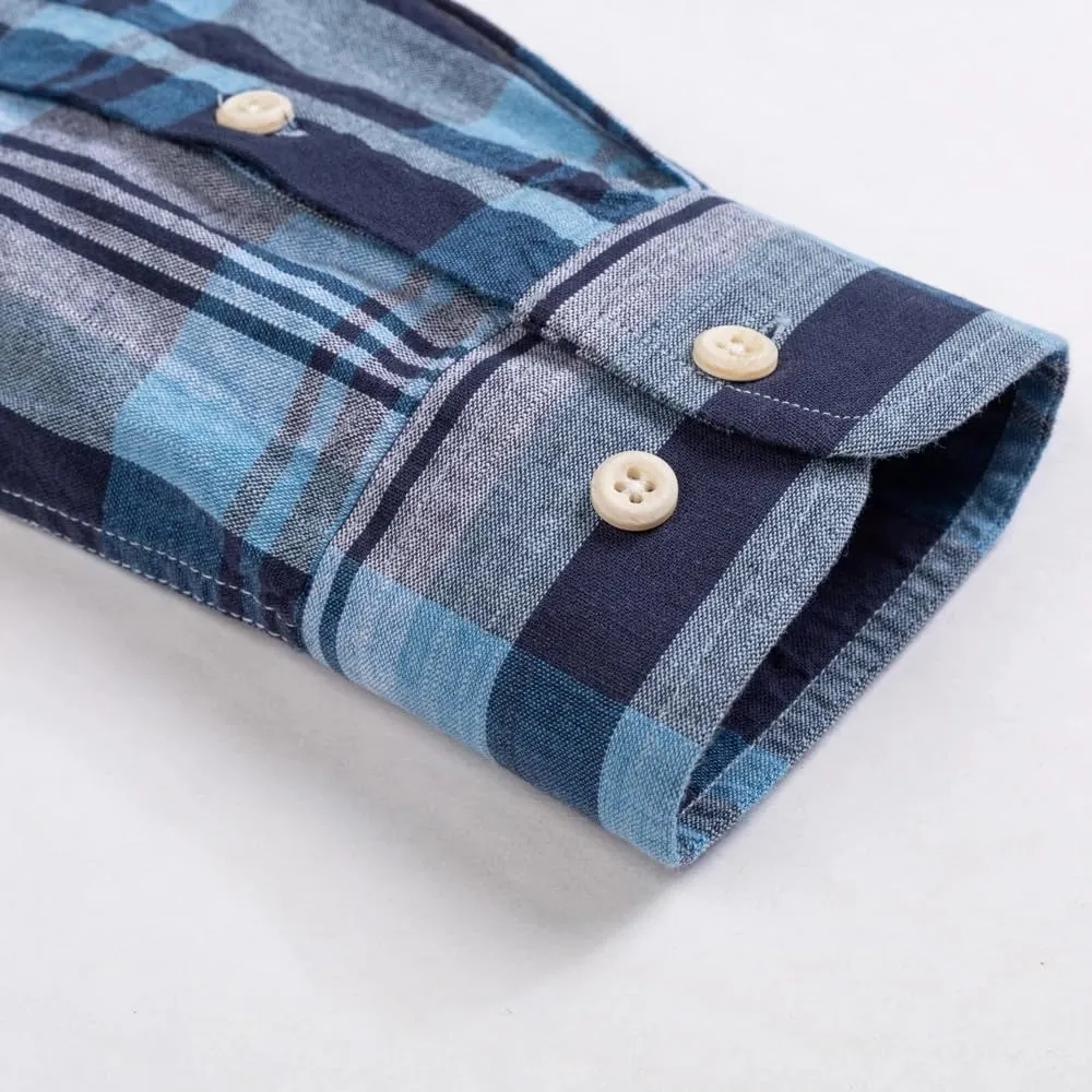 Men's Casual Plaid Striped Linen Cotton Shirts Single Patch Pocket Comfortable Breath Long Sleeve Button-Down Shirt
