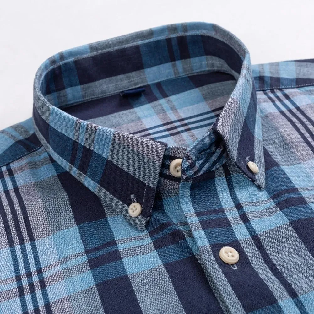 Men's Casual Plaid Striped Linen Cotton Shirts Single Patch Pocket Comfortable Breath Long Sleeve Button-Down Shirt