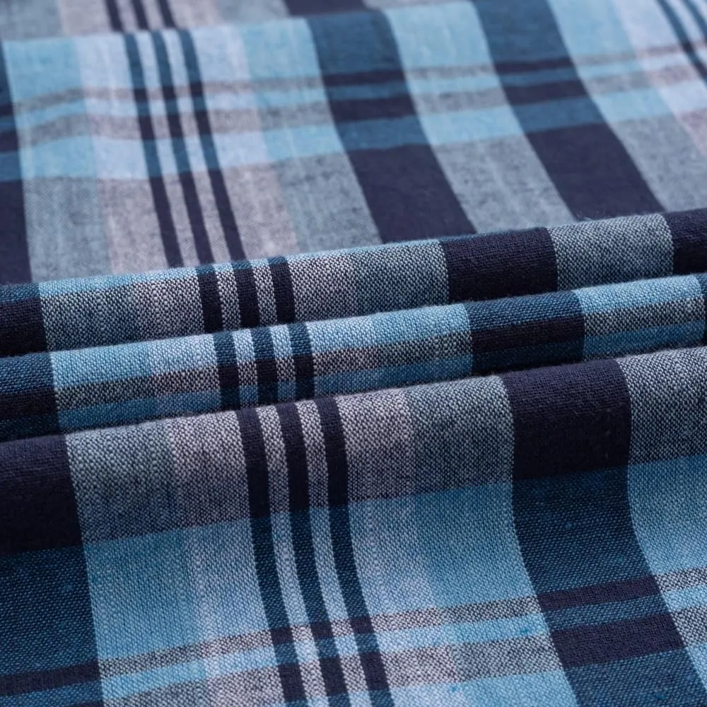 Men's Casual Plaid Striped Linen Cotton Shirts Single Patch Pocket Comfortable Breath Long Sleeve Button-Down Shirt