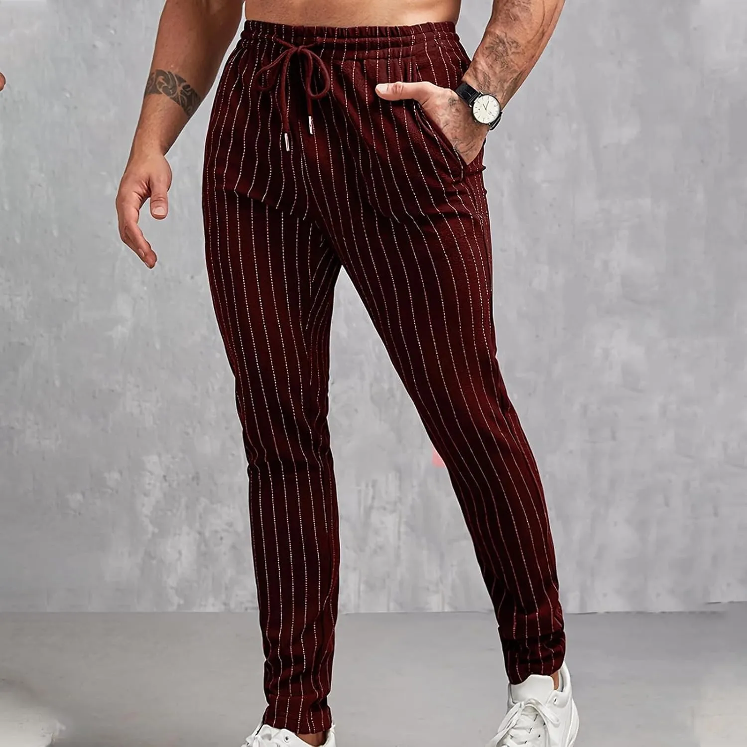 Mens Chinos Skinny Pants Solid Striped Flat Front Pants Slim Fit Stretch Casual Trousers Golf Business Dress Pants