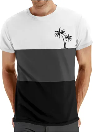 Men's Color Striped Tees Pattern Basic Simple Shirts Palm Tree Classic Printed Beach Shirts Top Short Sleeve Tees