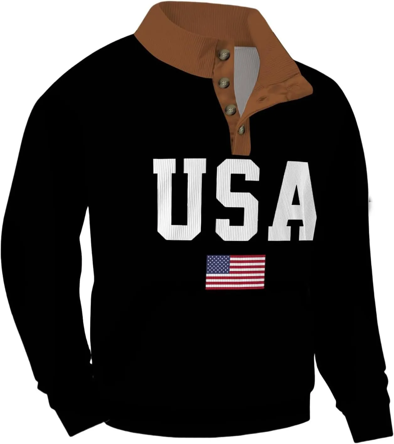 Mens Corduroy Sweatshirts USA Letter Print Stand Collar Button Casual Sweatshirts Long Sleeve American Patriotic Tops