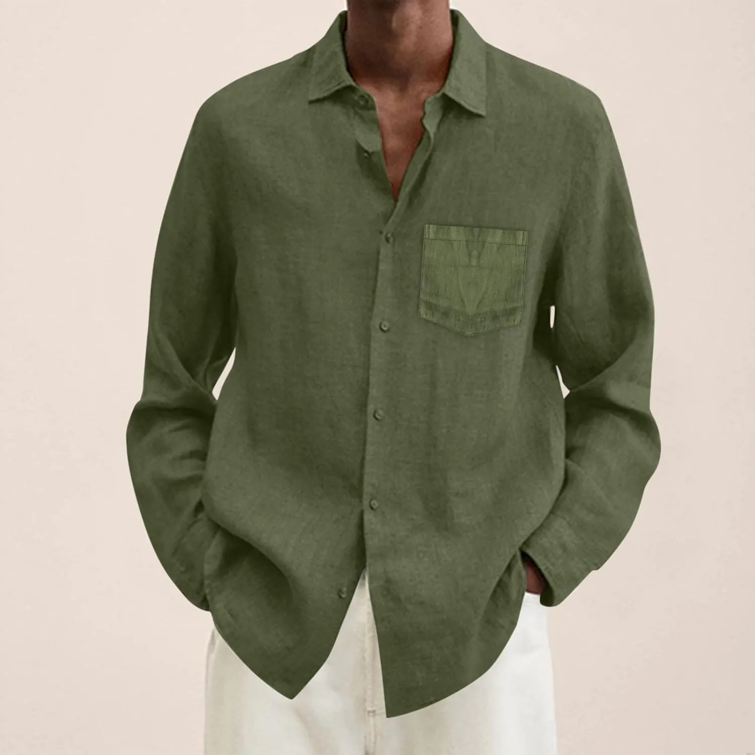 Mens Cotton Linen Button Down Shirts Loose Fit Long Sleeve Lapel T Shirts Retro Lightweight Solid Color Dress Shirt
