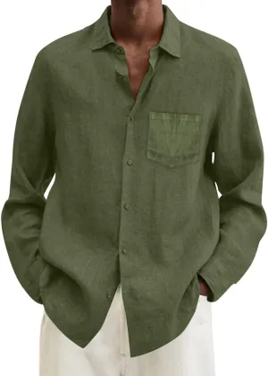 Mens Cotton Linen Button Down Shirts Loose Fit Long Sleeve Lapel T Shirts Retro Lightweight Solid Color Dress Shirt