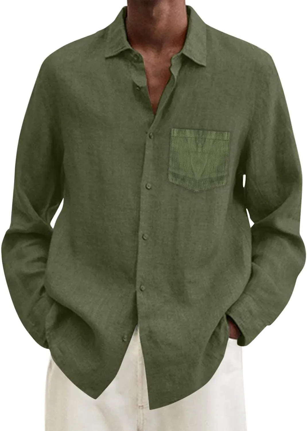 Mens Cotton Linen Button Down Shirts Loose Fit Long Sleeve Lapel T Shirts Retro Lightweight Solid Color Dress Shirt