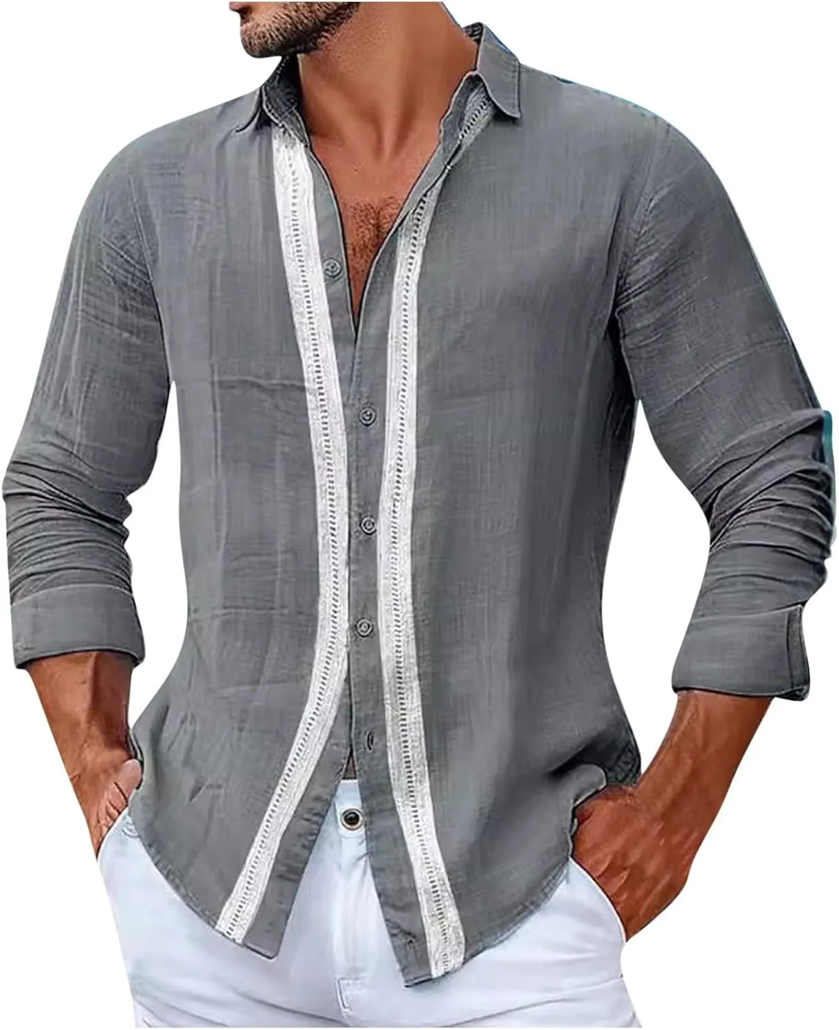Mens Cuban Guayabera Shirts Long Sleeve Casual Cotton Linen Shirts Button Down Untucked Shirt Summer Beach Yoga Tops