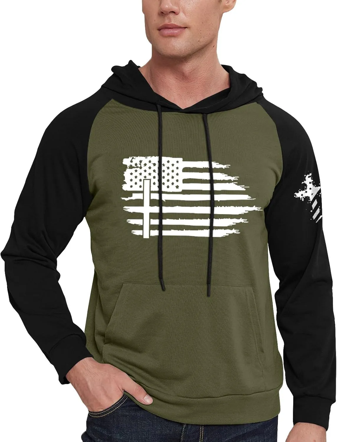 Mens Fashion Hoodies For Flag Print Drawstring Causal With Pockets Long Sleeve Hooded Sweatshirts