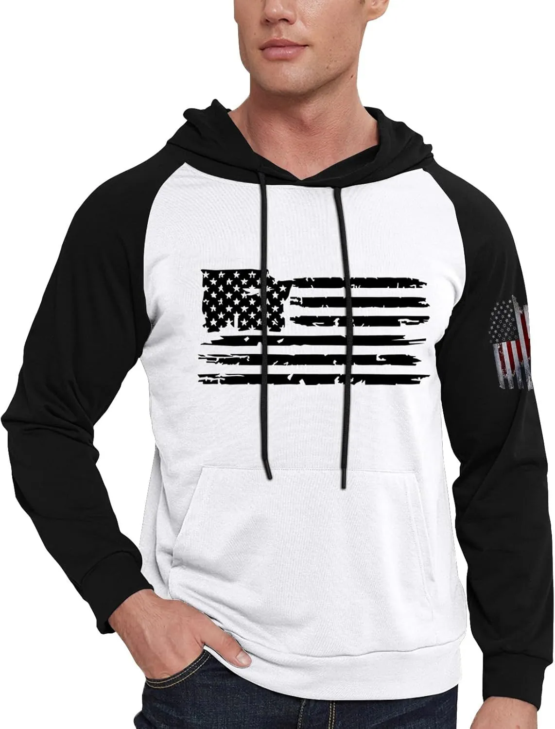 Mens Fashion Hoodies For Flag Print Drawstring Causal With Pockets Long Sleeve Hooded Sweatshirts