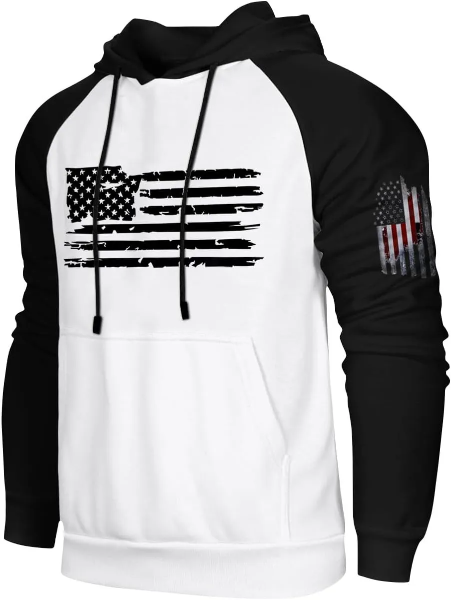 Mens Fashion Hoodies For Flag Print Drawstring Causal With Pockets Long Sleeve Hooded Sweatshirts