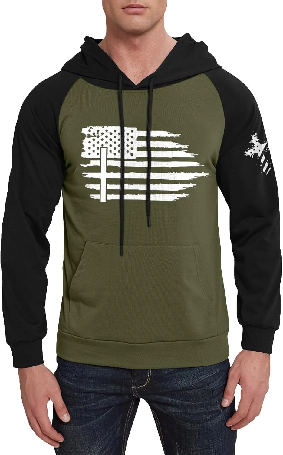 Mens Fashion Hoodies For Flag Print Drawstring Causal With Pockets Long Sleeve Hooded Sweatshirts