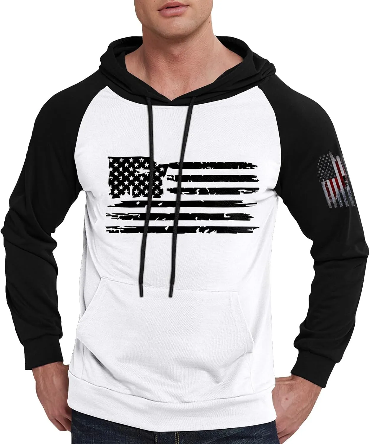 Mens Fashion Hoodies For Flag Print Drawstring Causal With Pockets Long Sleeve Hooded Sweatshirts