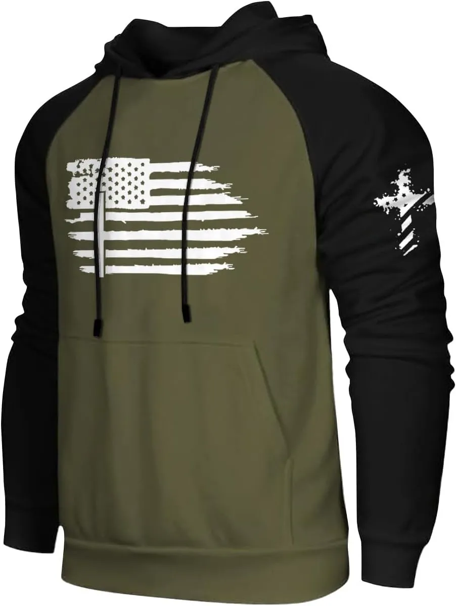 Mens Fashion Hoodies For Flag Print Drawstring Causal With Pockets Long Sleeve Hooded Sweatshirts