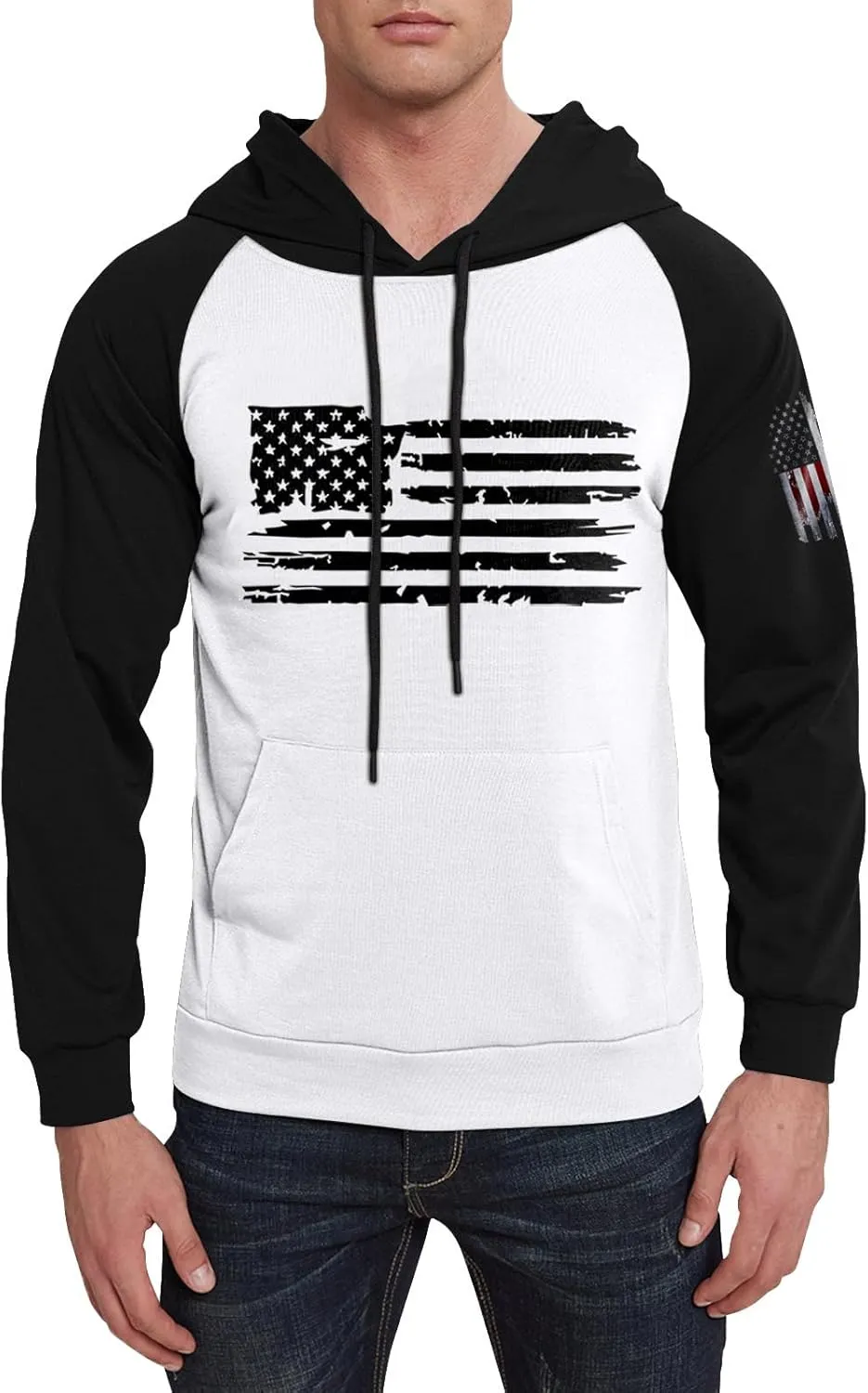 Mens Fashion Hoodies For Flag Print Drawstring Causal With Pockets Long Sleeve Hooded Sweatshirts